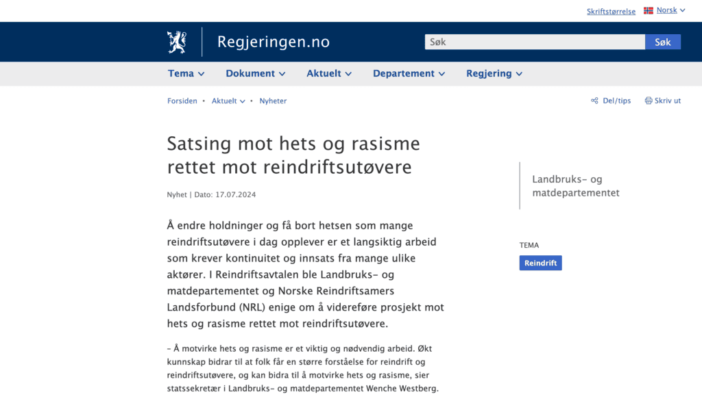 Utklipp fra en nettartikkel om at reinfakta.no lanseres i kampen mot hets og hat mot samer