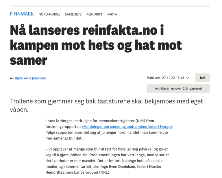 Utklipp fra en artikk om at reinfakta.no lanseres i kampen mot hets og hat mot samer