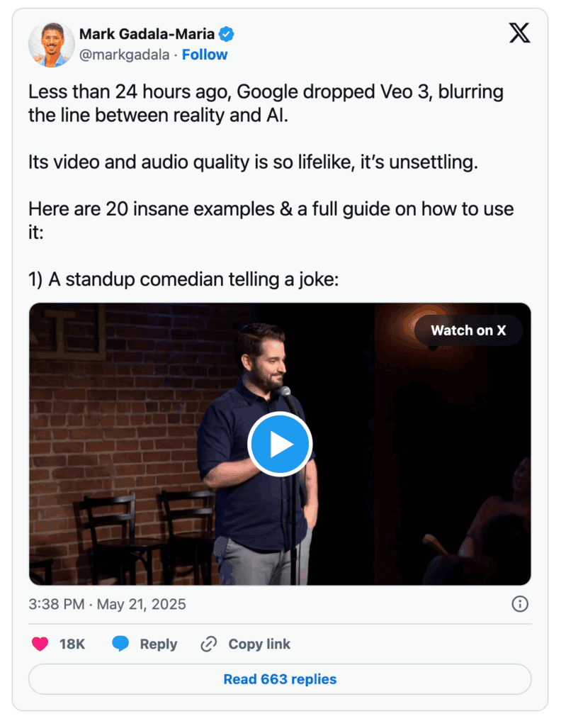 Et innlegg på sosiale medier viser en pauset video av en standupkomiker på scenen med en mikrofon. Innlegget diskuterer Googles Veo 3, en AI med naturtro video og lyd, og hinter om 20 vanvittige eksempler som starter med komikeren.