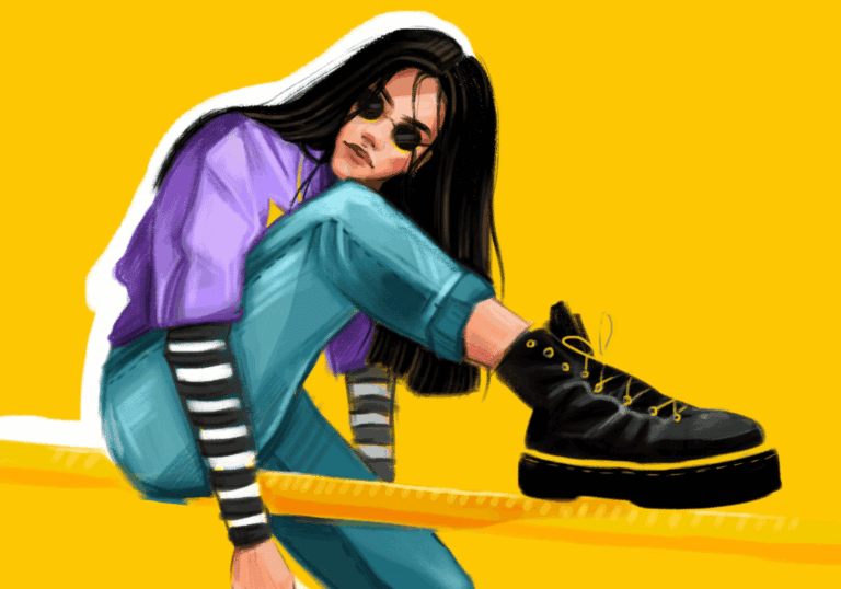 En stilisert illustrasjon av en person med langt mørkt hår, iført solbriller, en lilla skjorte over stripete langermede, blågrønne jeans og kraftige svarte støvler, sittende avslappet mot en knallgul bakgrunn.