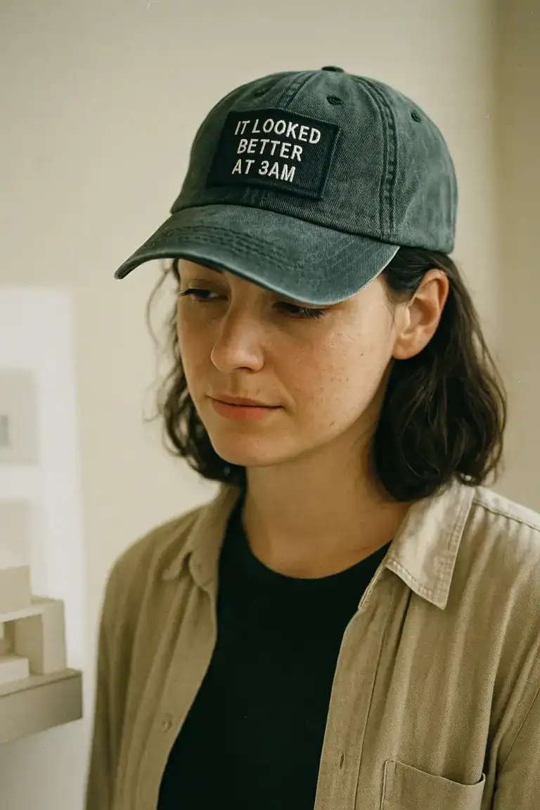 AI generert bilde. Ung kvinne med en caps med et merke som sier "It looked better at 3am"