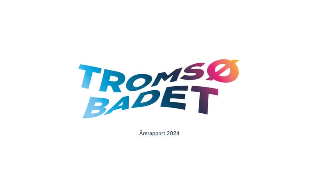 Logo med teksten TROMSØ BADET i blå og lilla fargetoner, med Ø i rosa og oransje fargetoner. Nedenfor er det mindre tekst som sier Årsrapport 2024 på hvit bakgrunn.