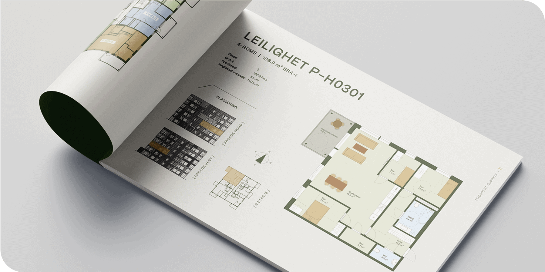 En åpen brosjyre viser arkitektoniske plantegninger og planløsninger for en leilighet merket LEILIGHET P-H0301, med merkede rom og fargekodede seksjoner.