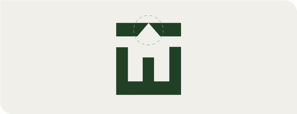 Et minimalistisk, mørkegrønt, geometrisk symbol på lys bakgrunn, med en oppadgående trekant i midten, en horisontal strek over den og en firkantet base med to vertikale linjer og en kortere midtlinje inni.