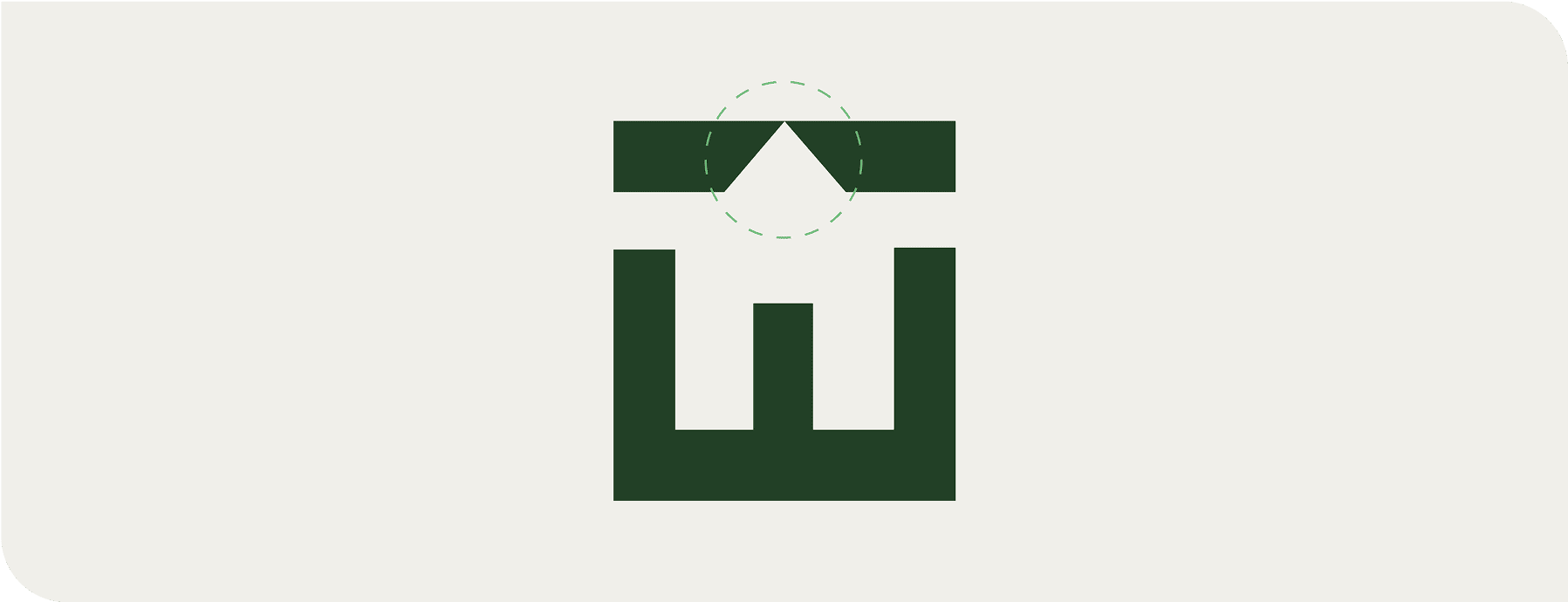 Et minimalistisk, mørkegrønt, geometrisk symbol på lys bakgrunn, med en oppadgående trekant i midten, en horisontal strek over den og en firkantet base med to vertikale linjer og en kortere midtlinje inni.