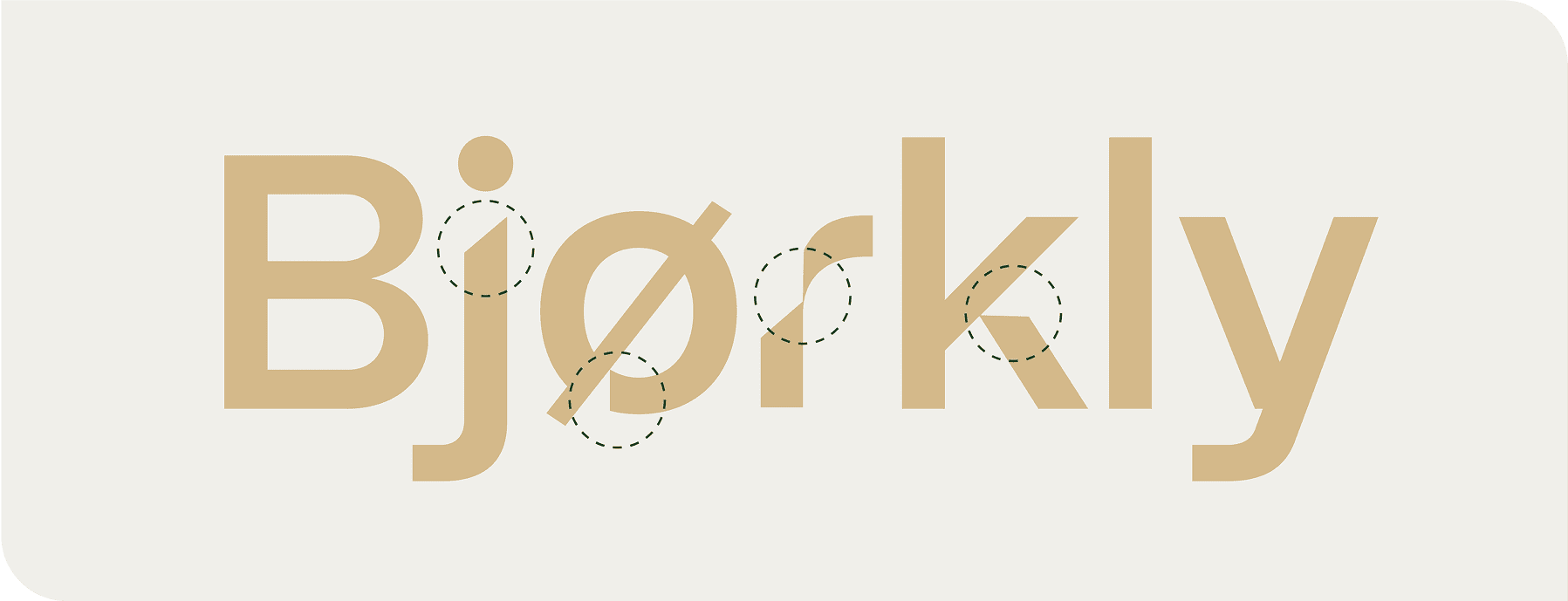 Tekstlogoen "Bjørkly" i en moderne beige skrifttype på lys bakgrunn, med prikkede sirkler som markerer deler av bokstavene "B", "j", "ø", "r" og "k".
