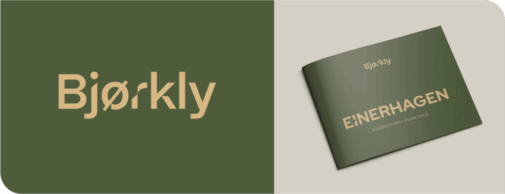 En grønn og beige grafikk viser ordet Bjørkly i stor skrift til venstre og en matchende brosjyre med tittelen Einerhagen BYGGESTRINN 1 PLANTHUS til høyre. Begge bruker moderne, sans-serif-fonter.