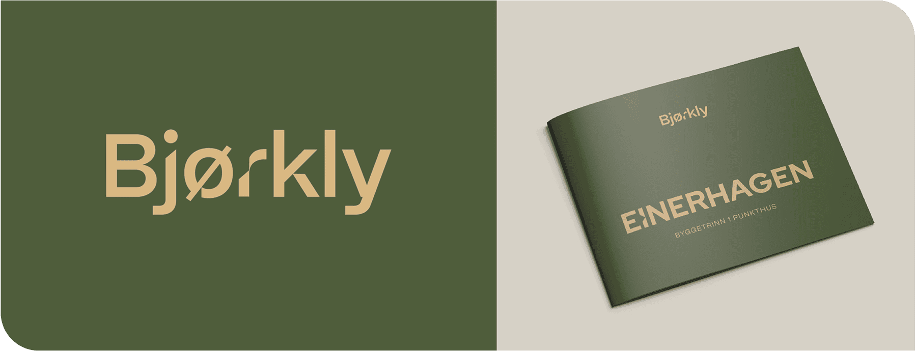 En grønn og beige grafikk viser ordet Bjørkly i stor skrift til venstre og en matchende brosjyre med tittelen Einerhagen BYGGESTRINN 1 PLANTHUS til høyre. Begge bruker moderne, sans-serif-fonter.