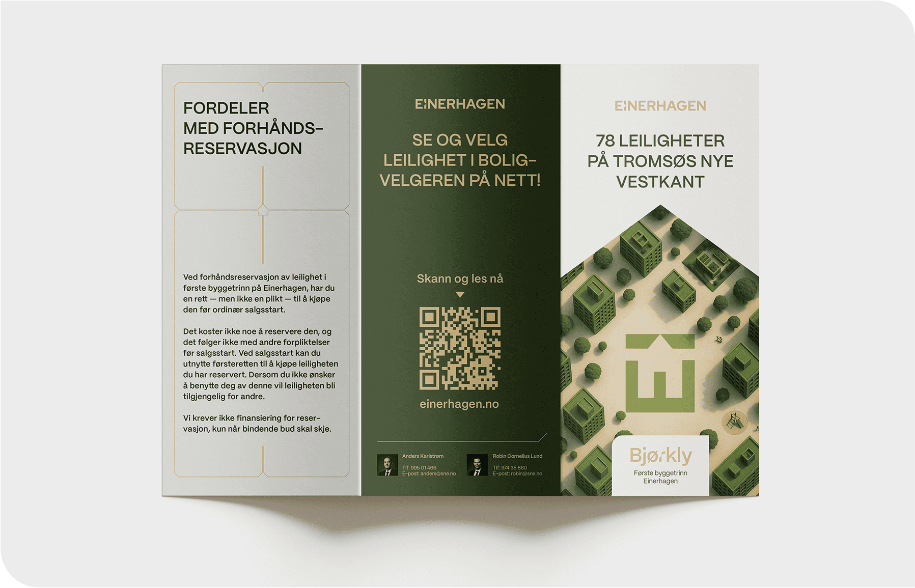 En brosjyre for Einerhagen med fordeler ved tidlig reservasjon, en QR-kode for valg av leilighet, og en luftig illustrasjon av grønne boligblokker på Tromsøs vestkant. Teksten er på norsk.